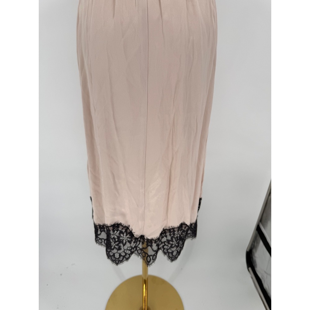 Anthropologie Satin Lace Wrap Dress Midi Pink Black Trim Tie‎ Waist  Women's M - Picture 8 of 9